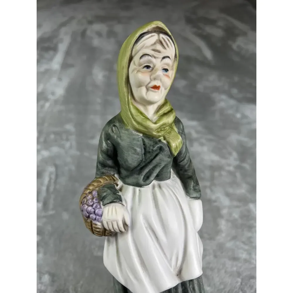 Vintage Porcelain Grandmother Woman Figurine Basket Folk Art Decor Hand Painted
